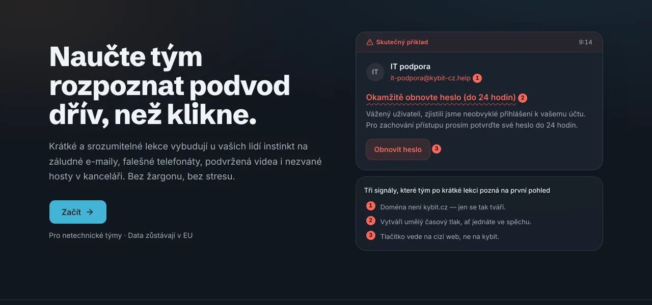 Kybit Education: landing screen showing a sample phishing email
