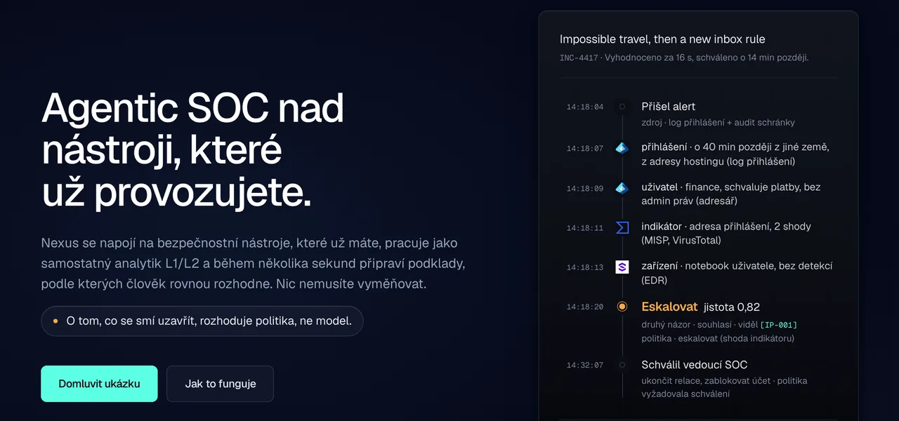 Kybit Nexus: úvodní obrazovka s ukázkovou kartou rozhodnutí